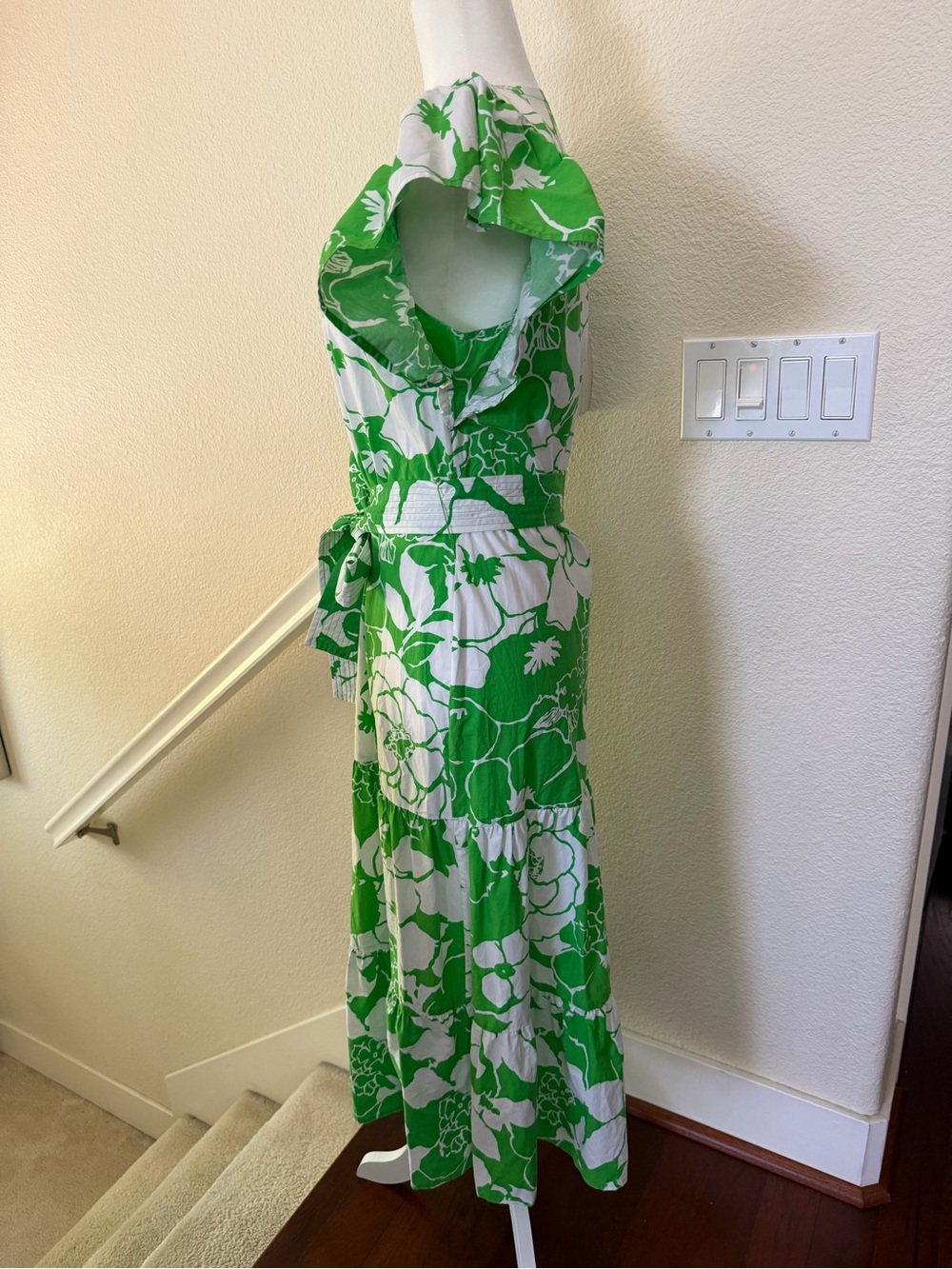 Rails Green & White Floral V-Neck Tiered Cotton Blend Midi Dress with Belt Small - Picture 5 of 12